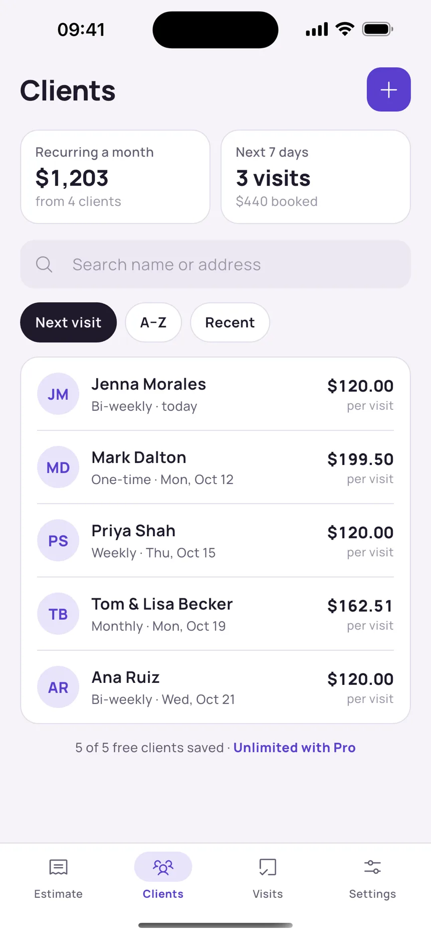 Clients with their repeat price and next visit