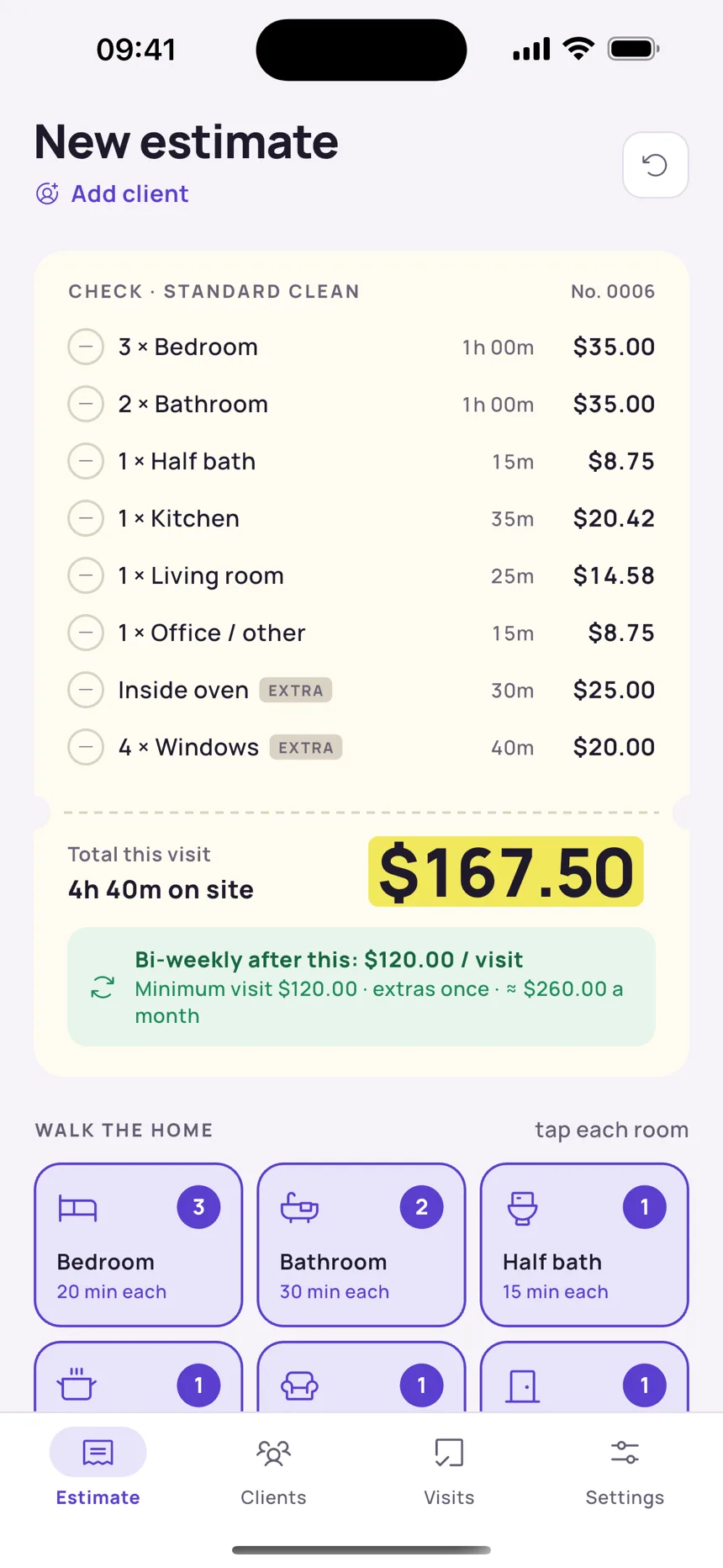 Mopwise estimate: each room tapped adds a line to the check, total $167.50 for this visit