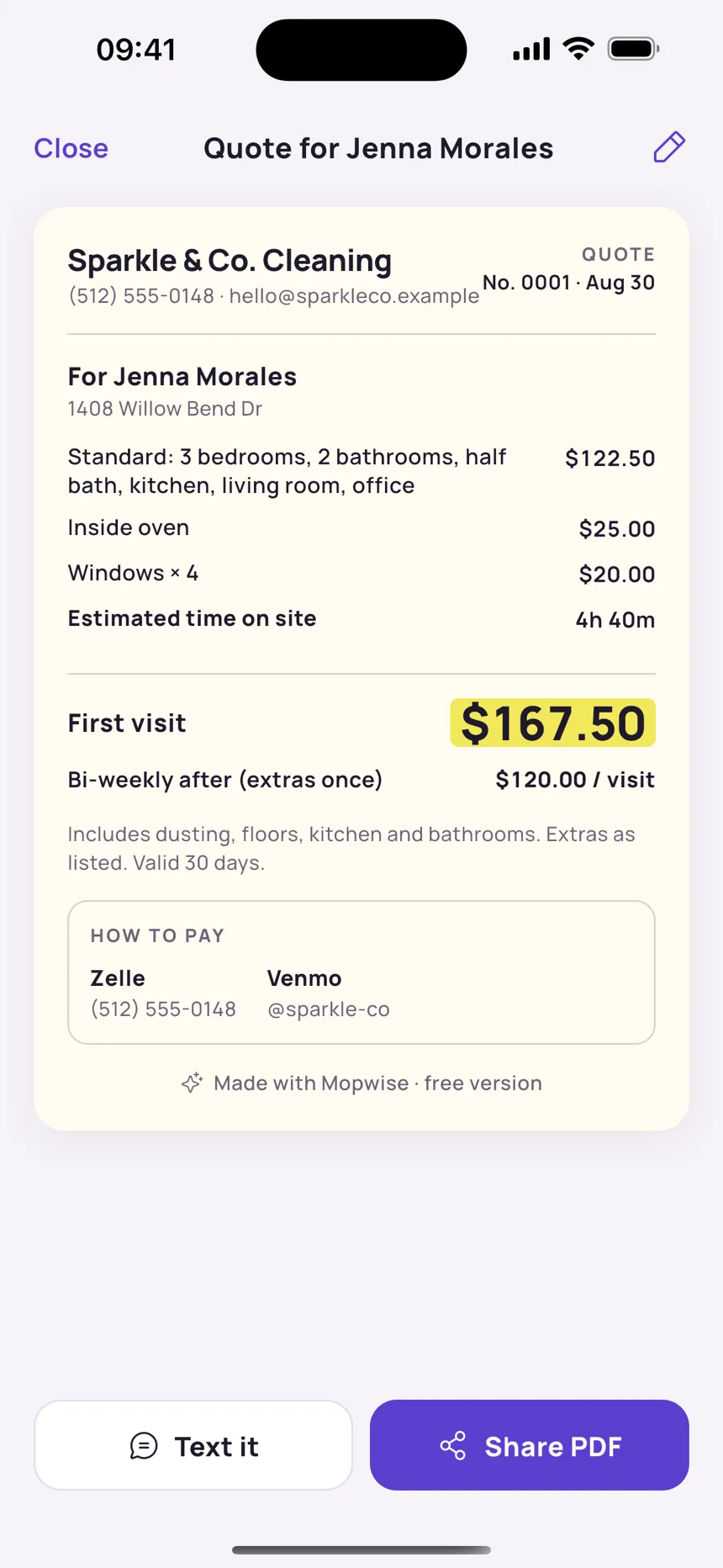 The quote the client receives: cleaning as one line, each extra apart, first visit and repeat price