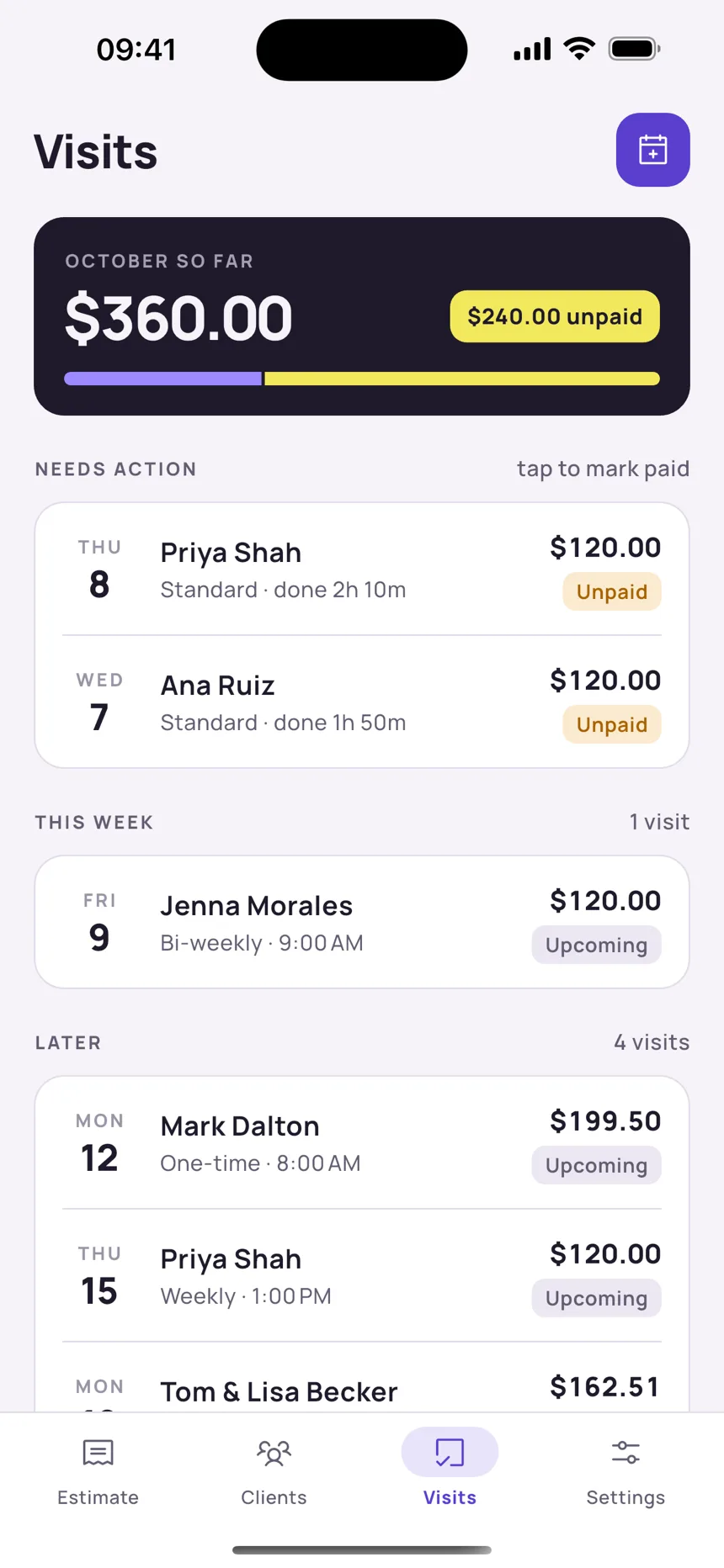 Visits: earned this month, who still owes, what is coming up