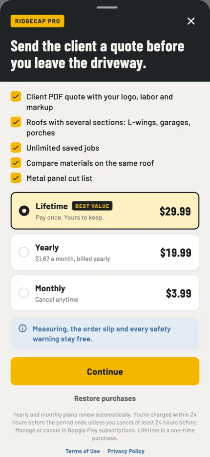 Ridgecap Pro: lifetime, yearly or monthly