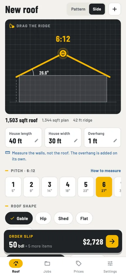 Side view: drag the ridge to set the pitch