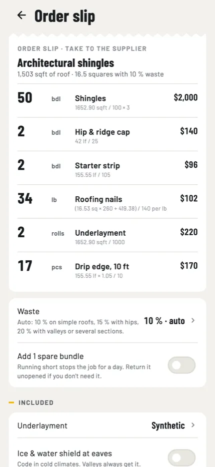 The order slip in Ridgecap, each line with its quantity, unit, arithmetic and price