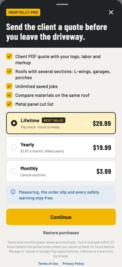 Rooftally Pro: lifetime, yearly or monthly