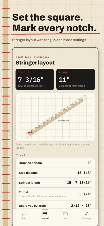 Stringer layout with tongue and blade settings and a drawing of the cut stringer