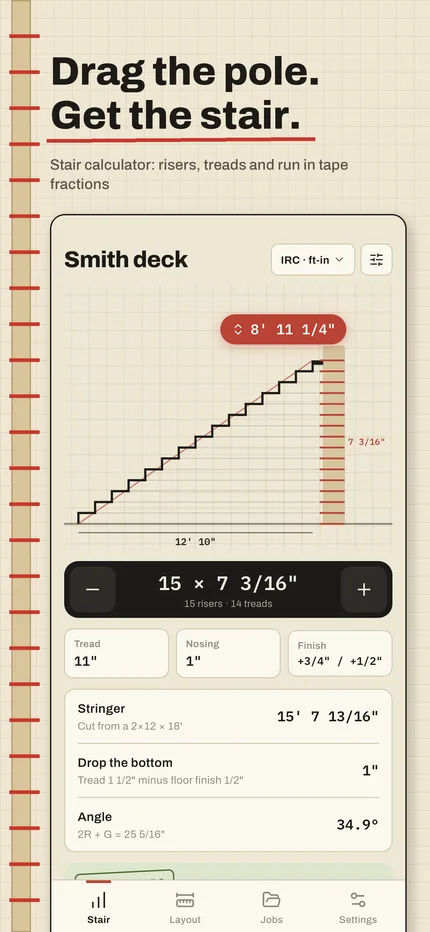 Stairgauge story pole: drag to set the total rise, the stair redraws as you go