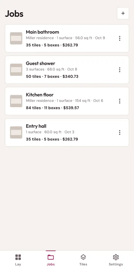 Saved jobs with tiles, boxes and cost