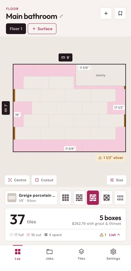 Layout dragged until a 1 1/2 inch sliver appears at the wall, flagged in amber